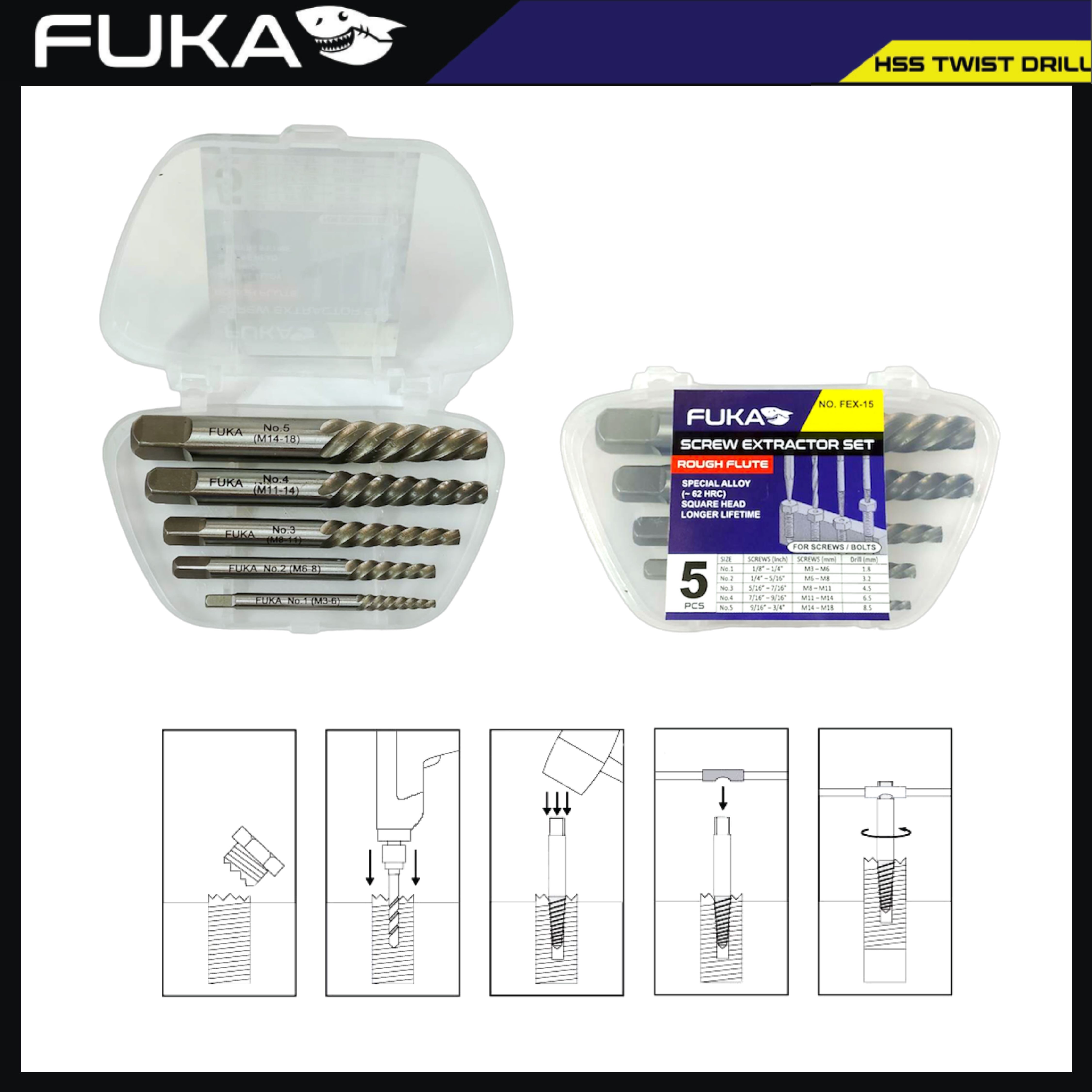 FUKA ชุดถอนเกลียวซ้าย แบบหยาบ ITem No.FEX-15 จำนวน 5 ตัวชุด