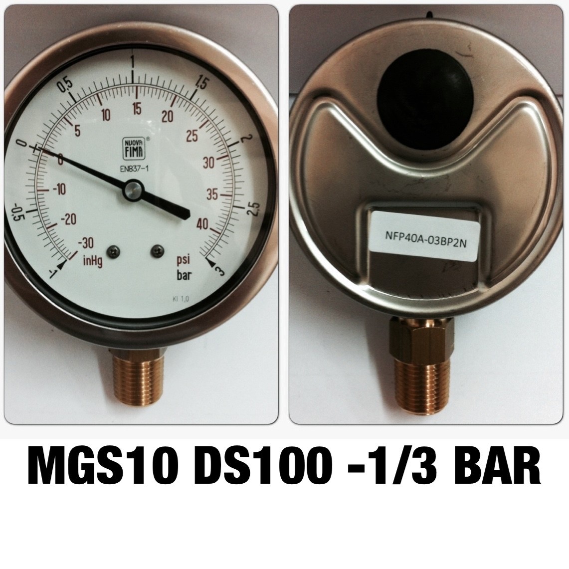 4 นิ้ว -1-0-3BAR (-30-0-40PSI) ออกล่าง 1/2" ทองเหลือง NPT