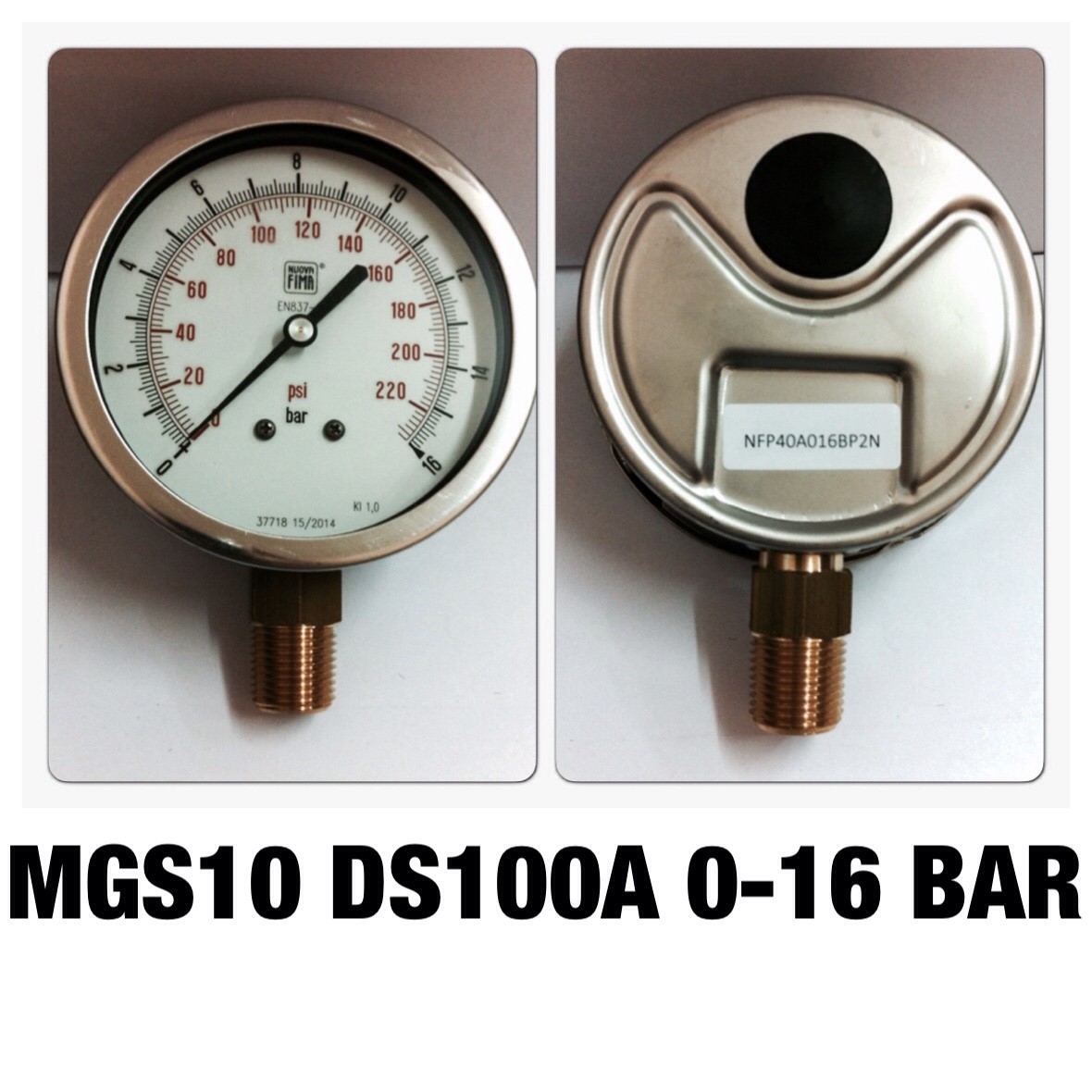 4 นิ้ว 0-16BAR (0-220PSI) ออกล่าง 1/2" ทองเหลือง NPT