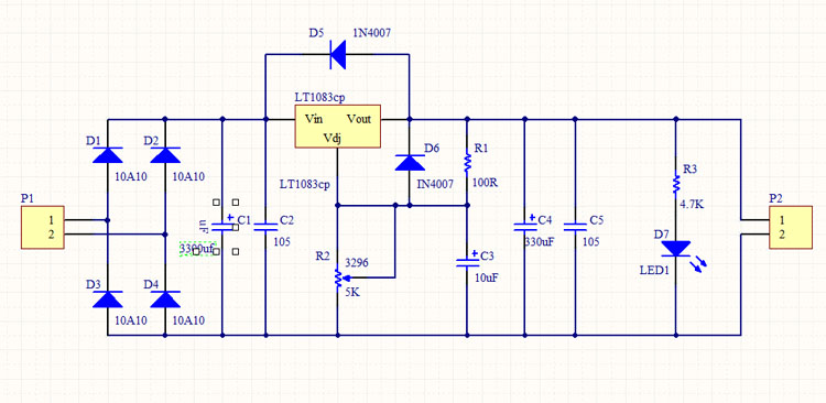 วงจร Regulator แบบ linear ใช้ IC เบอร์ LT1083CP 7 A