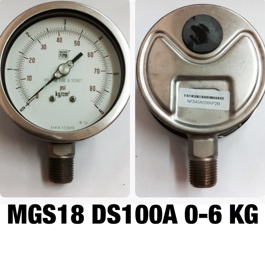 4 นิ้ว 0-6KG/CM2 (80PSI) ออกล่าง 1/2" สแตนเลส NPT