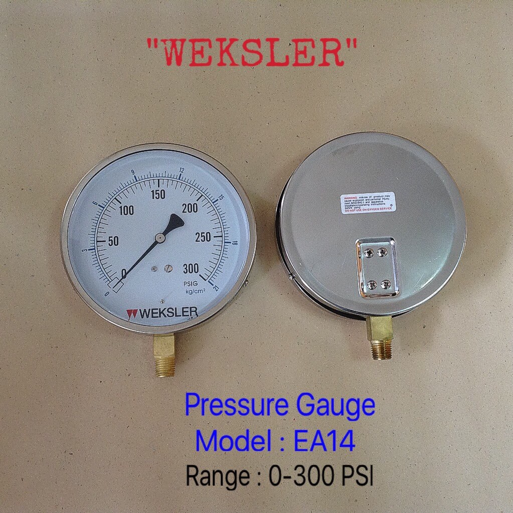 "WEKSLER" 4.5 นิ้ว EA14 0-300PSIG/0-21KG/CM2 ออกล่าง 1/4" ทองเหลือง NPT