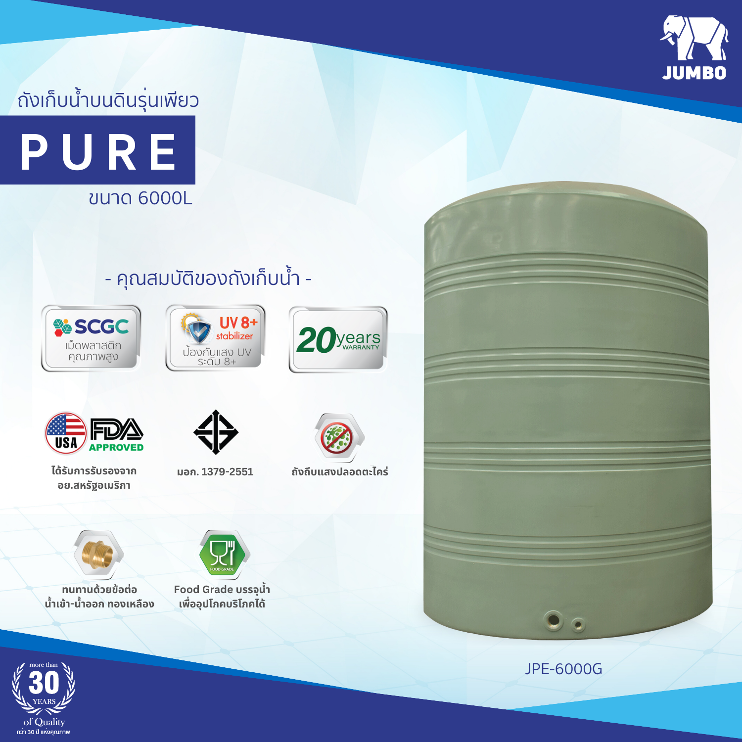 ถังเก็บน้ำบนดิน JUMBO รุ่น PURE (เพียว) ขนาด 6000 ลิตร สีเขียว,สีเทา,สีน้ำเงิน