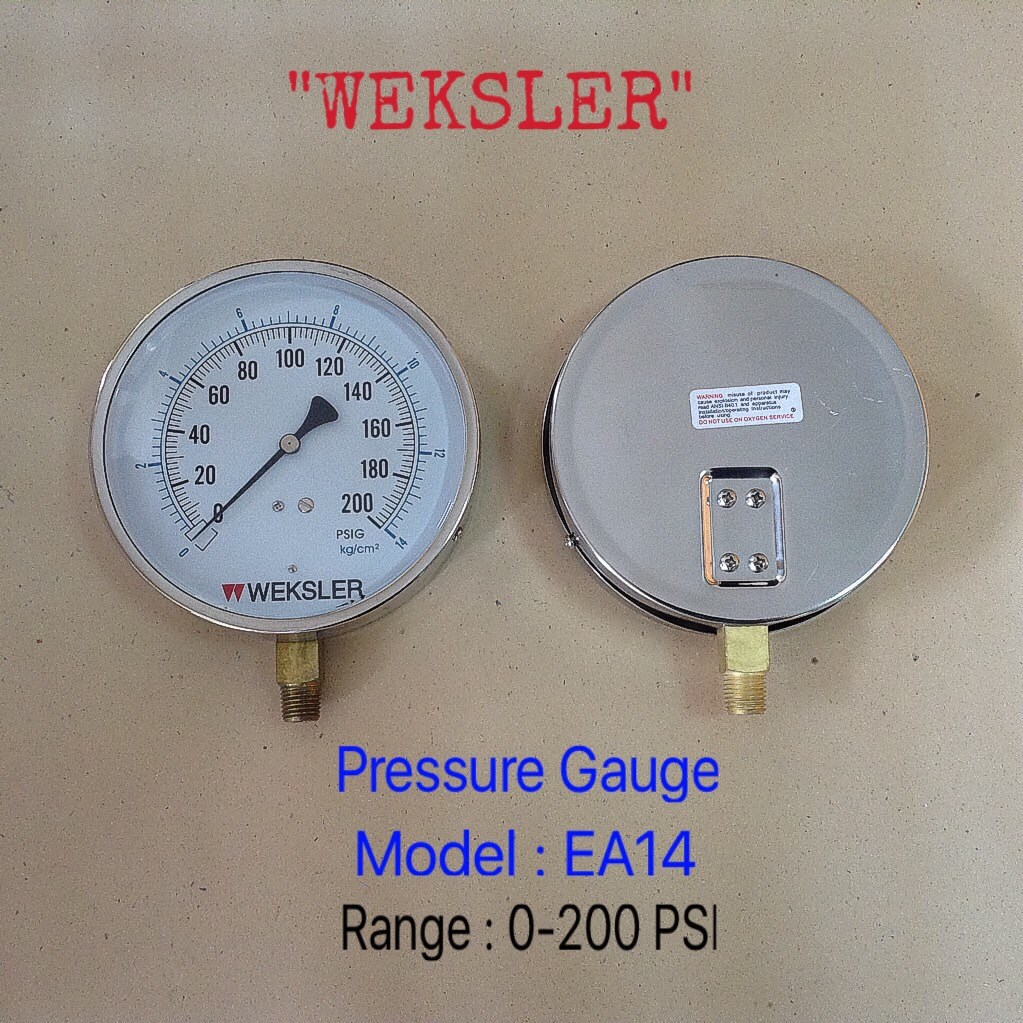"WEKSLER" 4.5 นิ้ว EA14 0-200PSIG/0-14KG/CM2 ออกล่าง 1/4" ทองเหลือง NPT