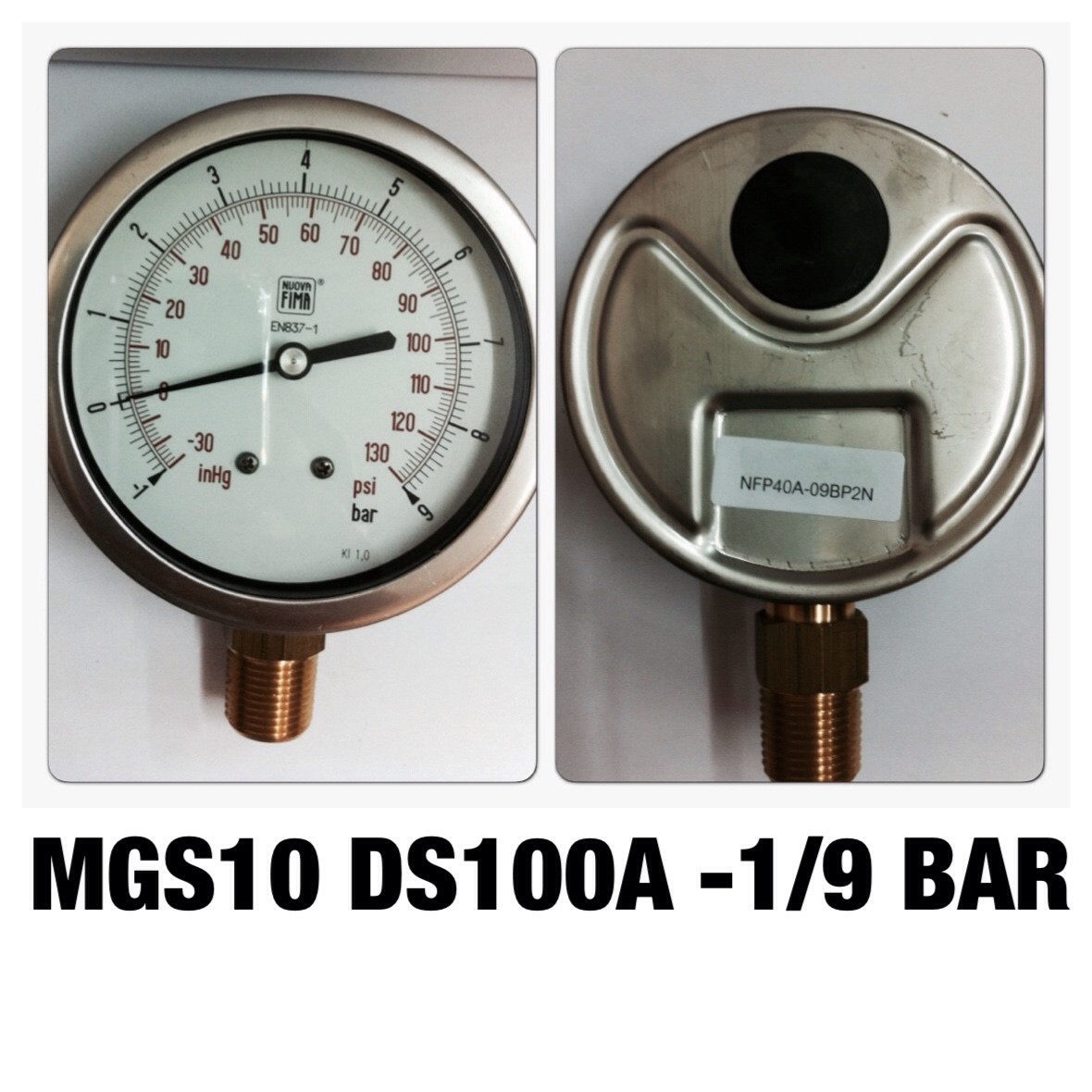 4 นิ้ว -1-0-9BAR (-30-0-130PSI) ออกล่าง 1/2" ทองเหลือง NPT