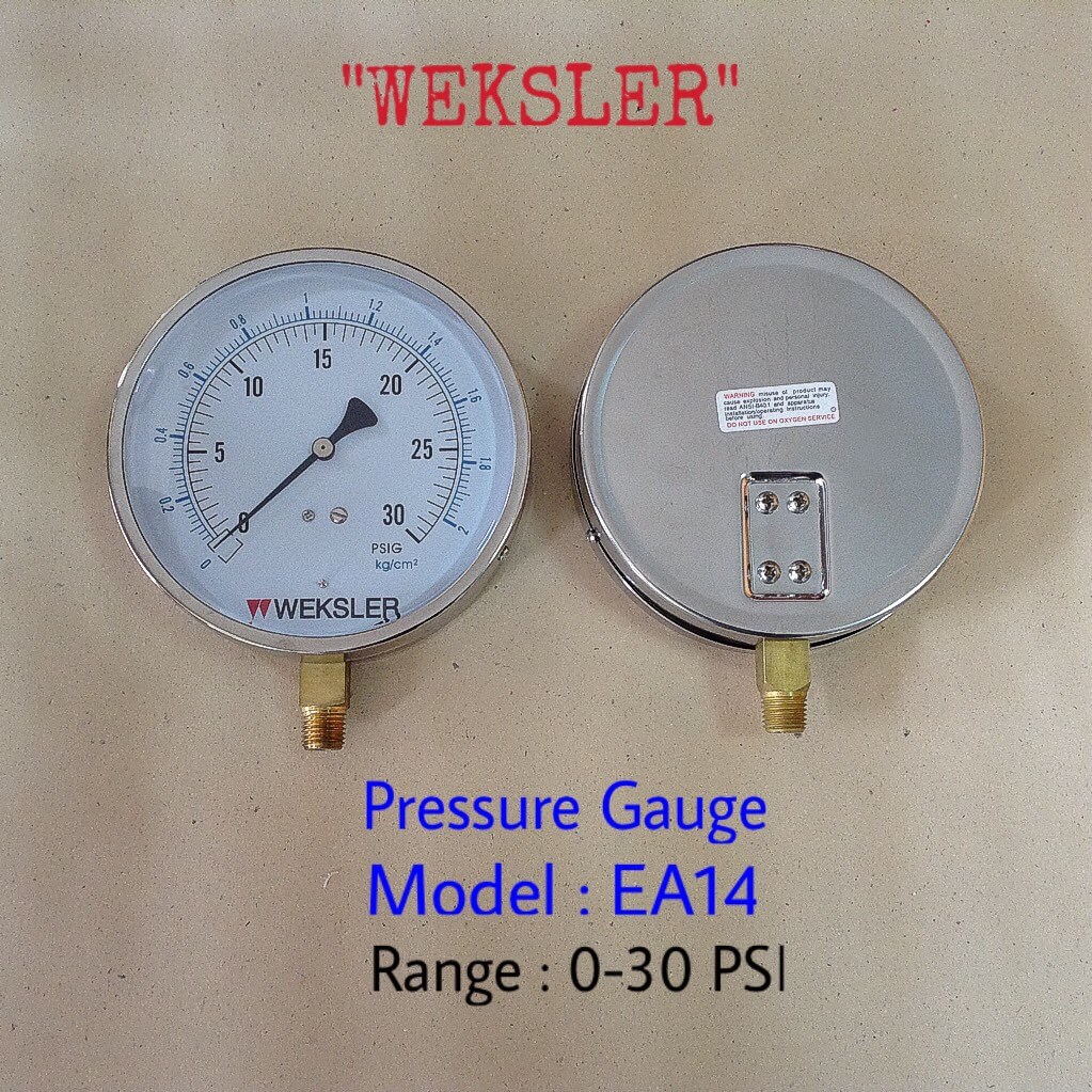 "WEKSLER" 4.5 นิ้ว EA14 0-30PSIG/0-2KG/CM2 ออกล่าง 1/4" ทองเหลือง NPT