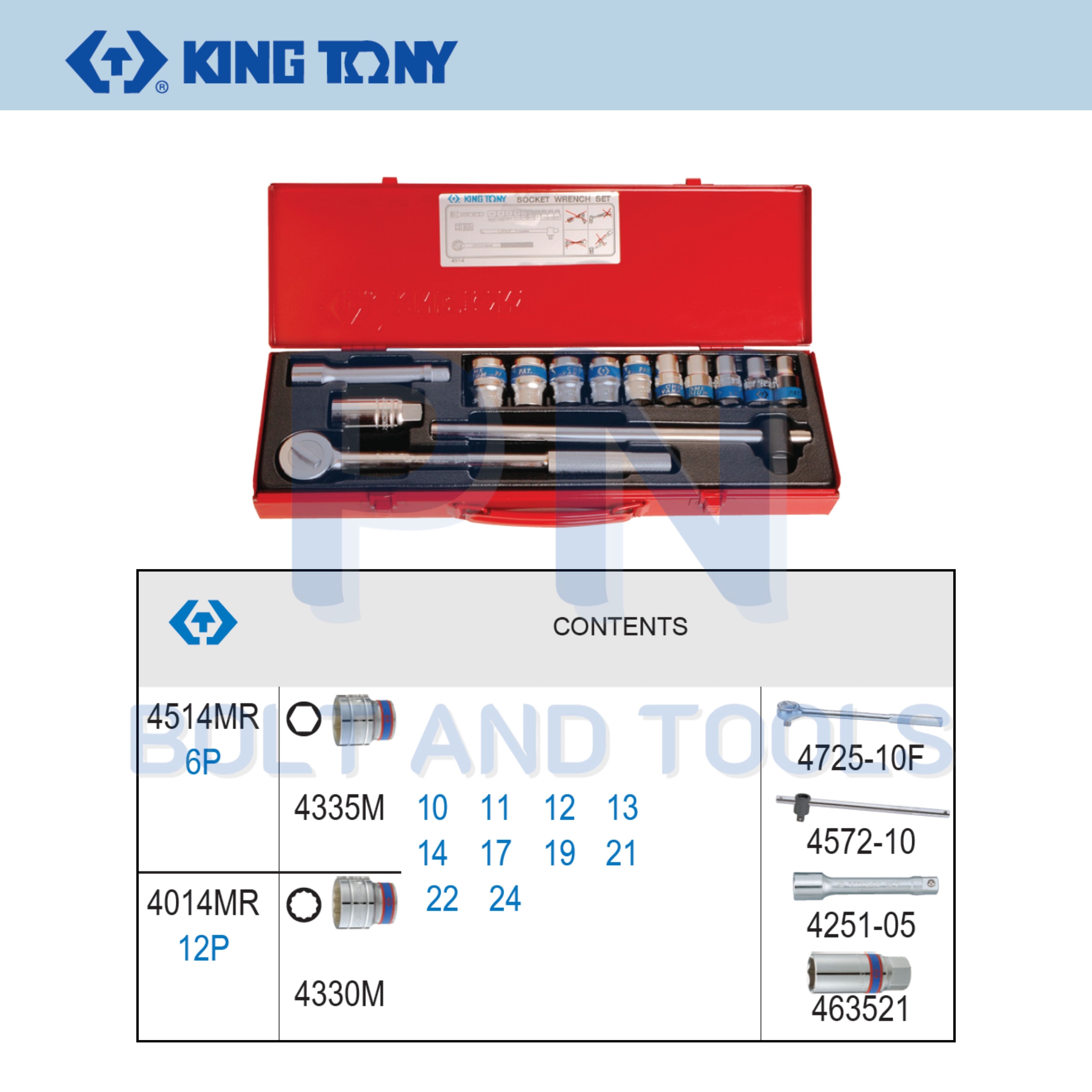 บล็อกชุด KINGTONY รู 1/2” 14ตัวชุด No.4514MR 6P ,14 pcs 1/2” drive socket wrench set