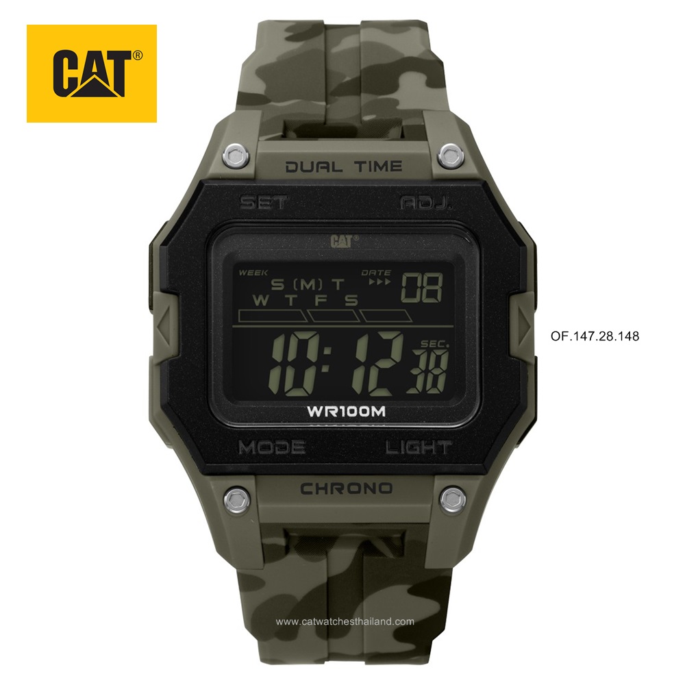 นาฬิกา CAT ระบบดิจิตอล รุ่นหน้าปัดเหลี่ยม (Digi Square) รหัส OF.147.28.148 DIGI SQUARE กรอบสีดำ-เขียวทหาร สายยางสีเขียวลายพราง