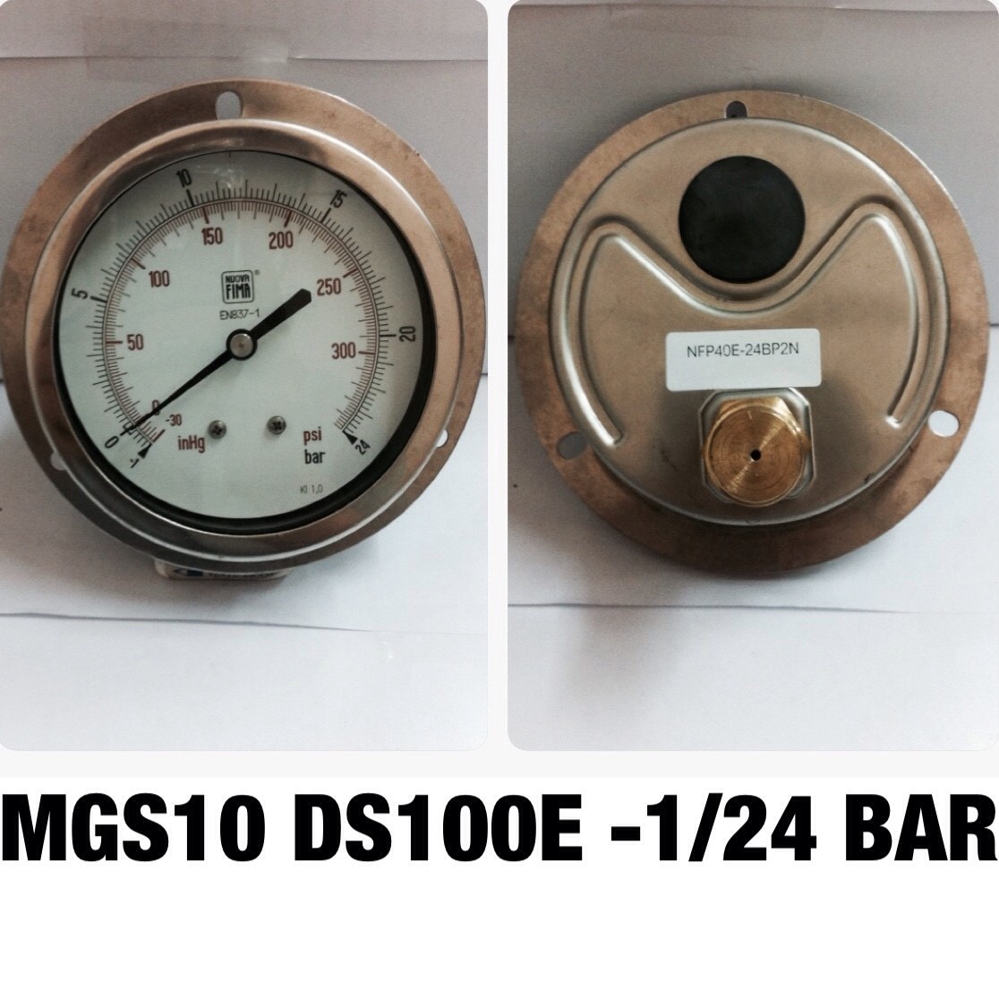 4 นิ้ว -1-0-24BAR (-30-0-350PSI) ออกหลัง มีปีก 1/2" ทองเหลือง NPT