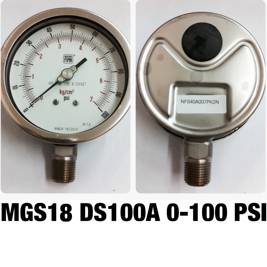 4 นิ้ว 0-7KG/CM2 (100PSI) ออกล่าง 1/2" สแตนเลส NPT