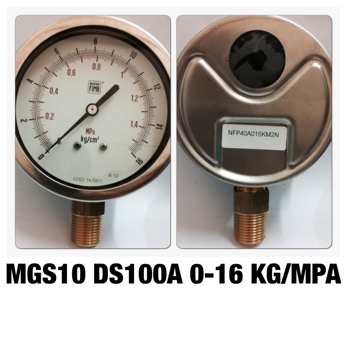 4 นิ้ว 0-1.5MPA (0-16KG/CM2) ออกล่าง 1/2" ทองเหลือง NPT