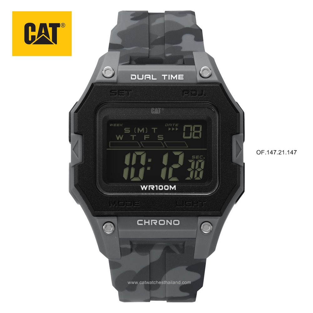 นาฬิกา CAT ระบบดิจิตอล รุ่นหน้าปัดเหลี่ยม (Digi Square) รหัส OF.147.25.145 กรอบสีดำ-เทา สายยางสีลายพราง