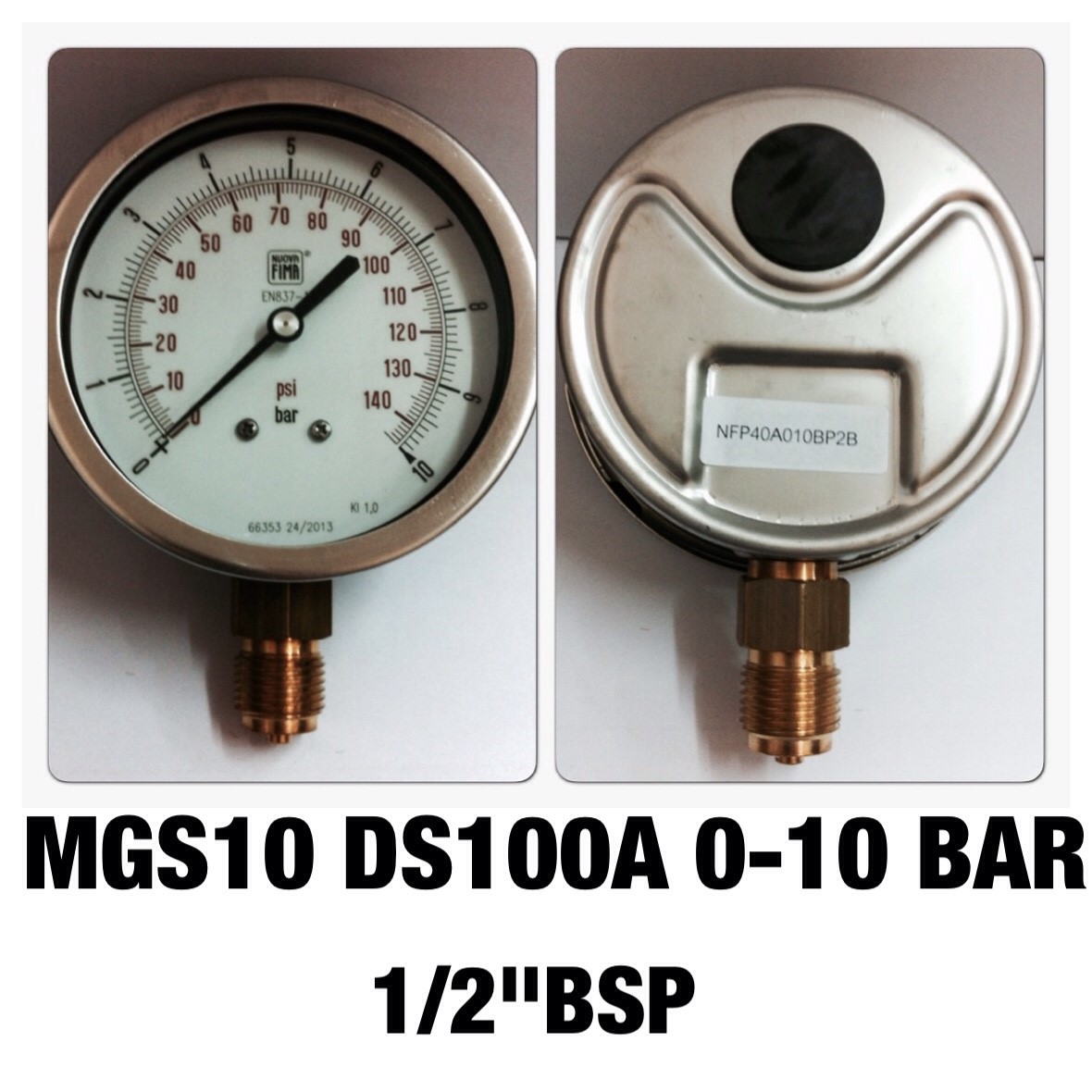 4 นิ้ว 0-10BAR (0-140PSI) ออกล่าง 1/2" ทองเหลือง BSP