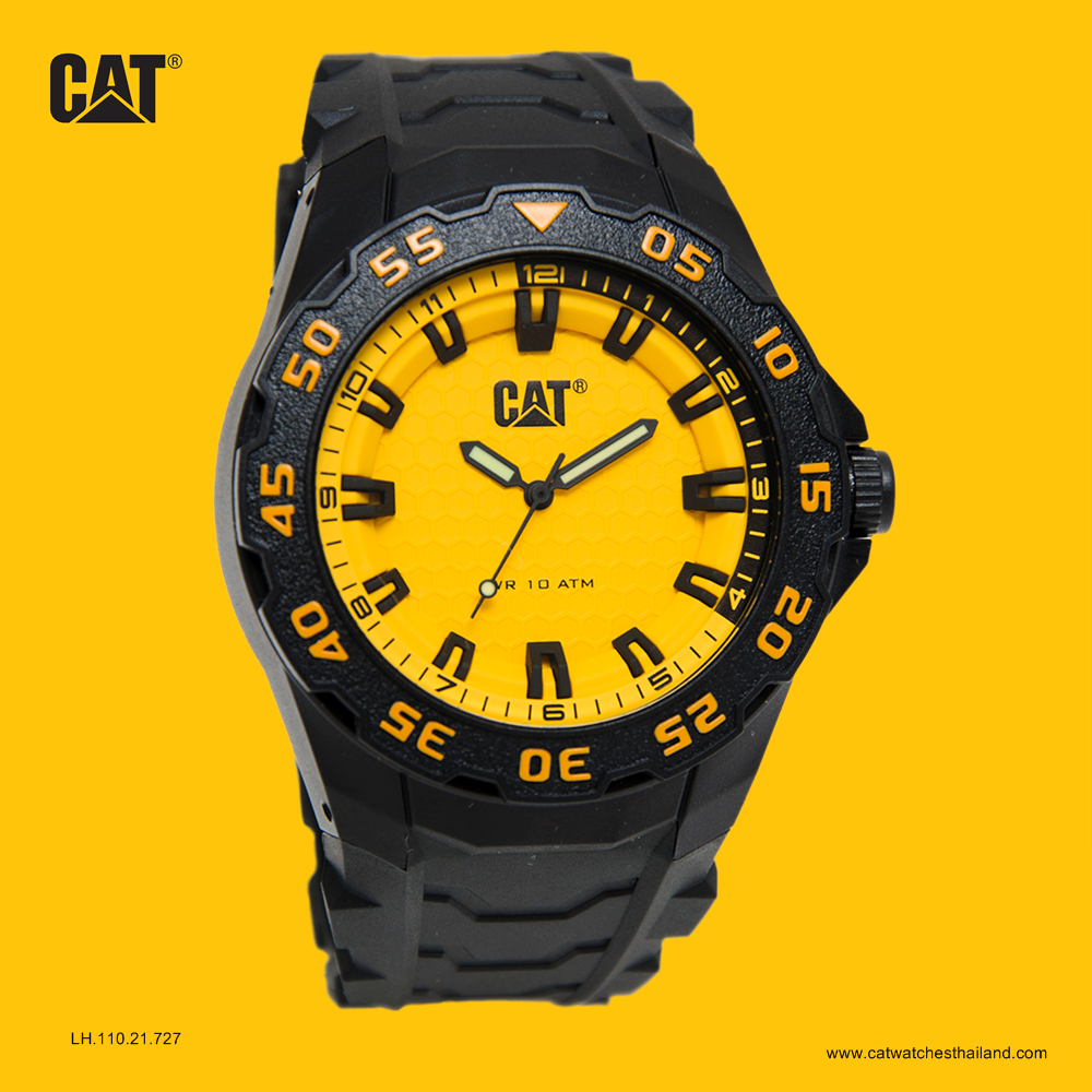 นาฬิกา CAT รุ่นรถถัง (Tank) รหัส LH.110.21.727 หน้าปัดเหลือง สายยาง กันน้ำ 100 m ตัวเรือนโพลีคาร์บอเนต (Polycarbonate) ทนทานสูง สายยาง กระจก อะคริลิก (Acrylic) ขนาดตัวเรือน 46 mm หนา 14 mm