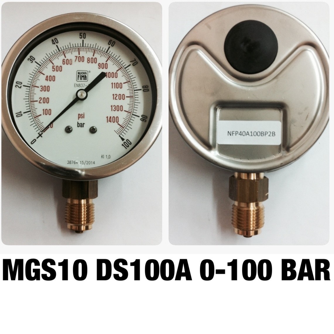 4 นิ้ว 0-100BAR (0-1400PSI) ออกล่าง 1/2" ทองเหลือง BSP