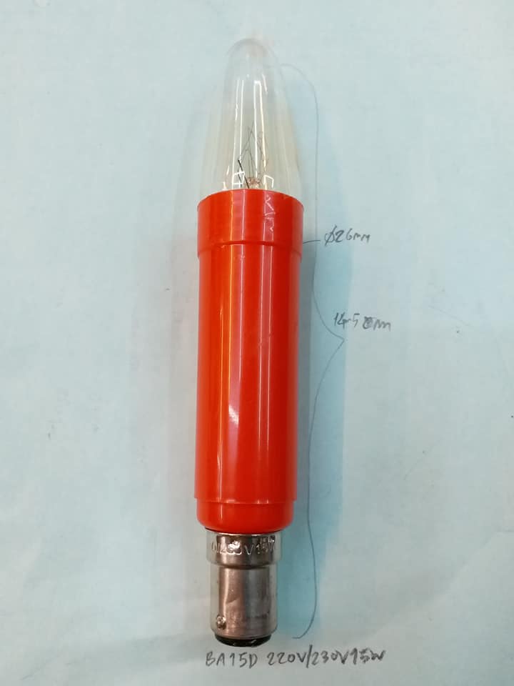 หลอดไฟเจ้าที่หลอดไฟเทียนแดงหลอดใสหลอดไฟ220V-240VAC15Wขั้วBA15Dขั้ว2จุดชนาดเส้นผ่านศูนย์กลางขั้วอ้วน15mmหลอดไฟ220VACหลอดไส้220VACหลอดสีใสขนาดเส้นผ่านศูนย์กลางอ้วน26มม.ยาว145มม.ขาลวดทองแดงขายหลอดไฟหลอดไส้หลอด220V(26x145mm) ราคา ดวงละ ราคา ตัวละ . . . . หน่ว