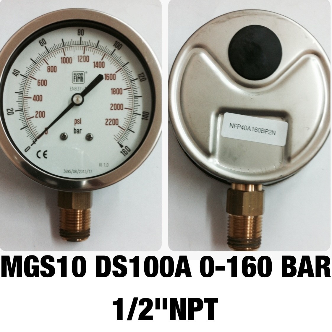 4 นิ้ว 0-160BAR (0-2200PSI) ออกล่าง 1/2" ทองเหลือง NPT