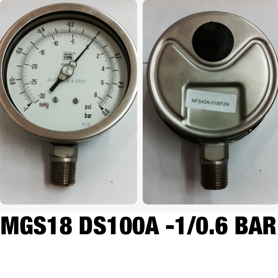 4 นิ้ว -1-0-0.6BAR (8PSI) ออกล่าง 1/2" สแตนเลส NPT