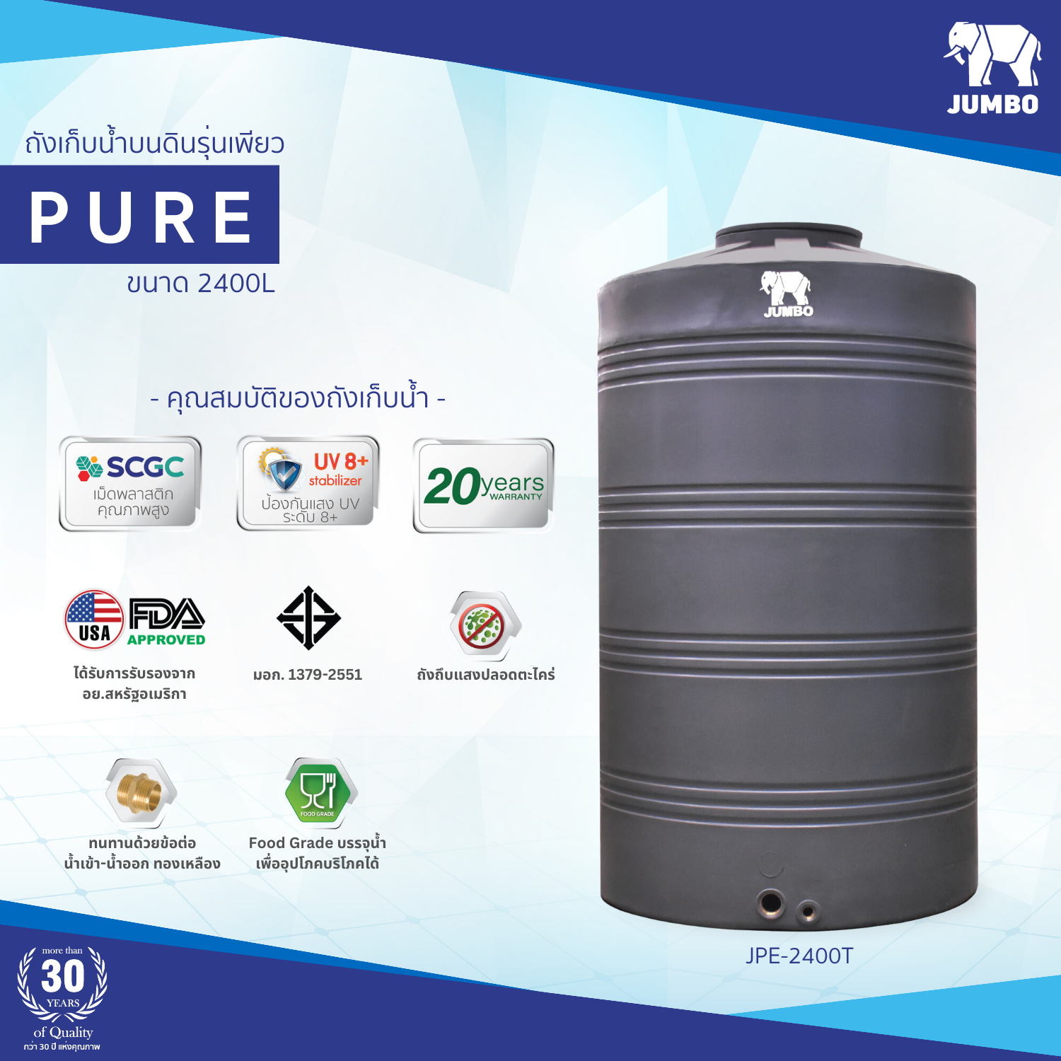 ถังเก็บน้ำบนดิน JUMBO รุ่น PURE (เพียว) ขนาด 2400 ลิตร สีเขียว,สีเทา