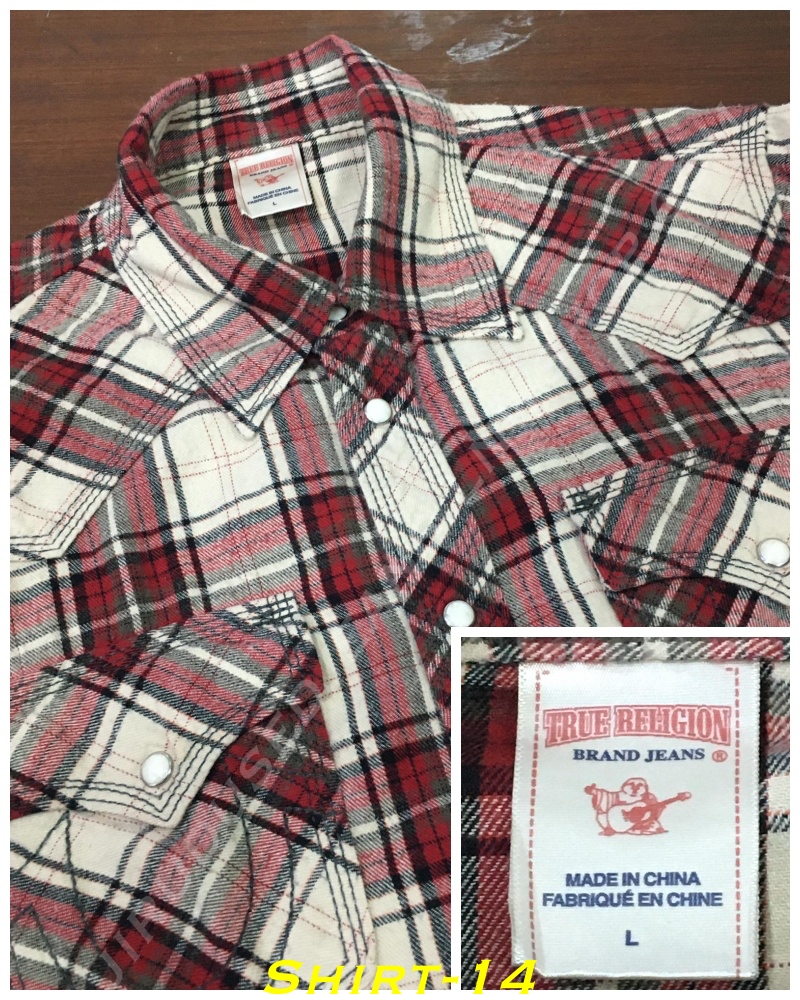 14. เสื้อเชิ้ตลายสก๊อตผู้ชายแขนยาว True Religion ผ้าสำลี กระดุมมุก Size L อก 44 นิ้ว