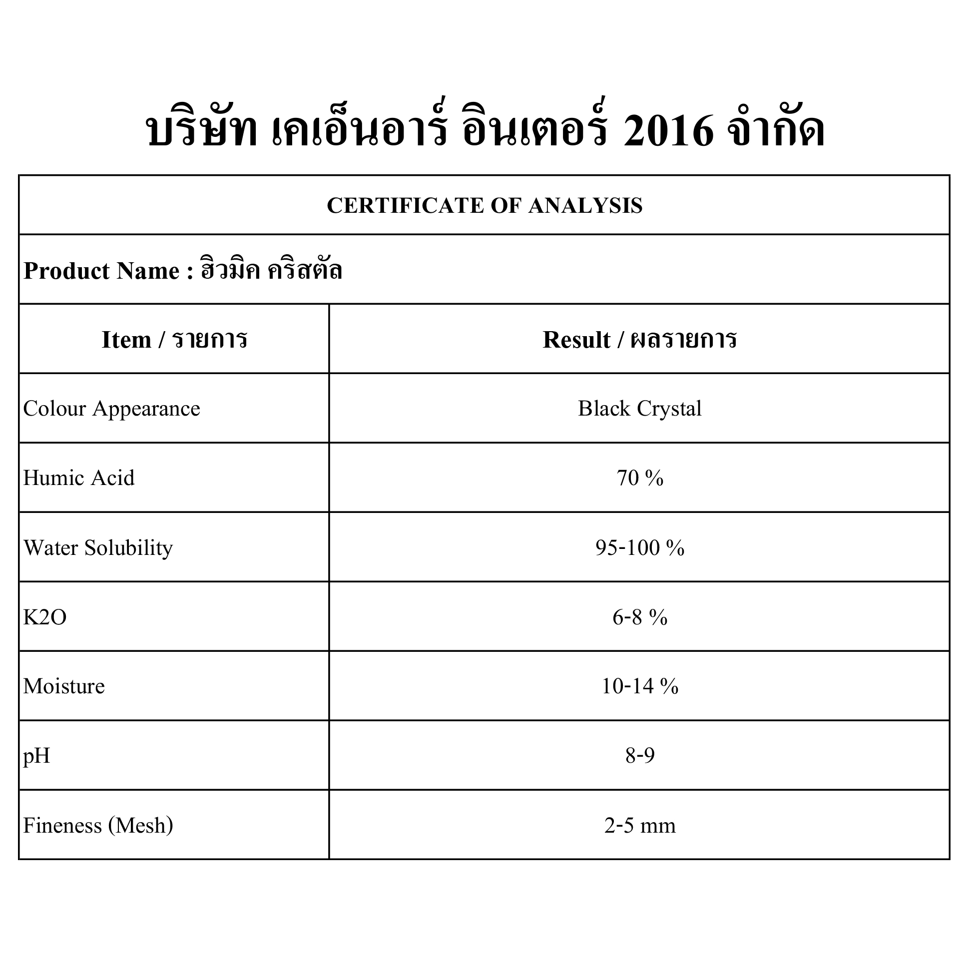 ฮิวมิค คริสตัล ( Humic Acid ) กระสอบ 25 KG.