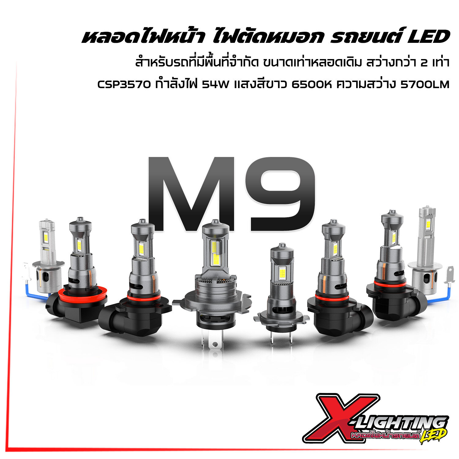รับประกัน 6 เดือน - M9 หลอดไฟหน้ารถยนต์ LED ไฟตัดหมอก ขนาดเท่าหลอดเดิม มีพัดลมในตัว 54W 5700LM แสง 6500K สำหรับรถที่มีพื้นที่แคบ