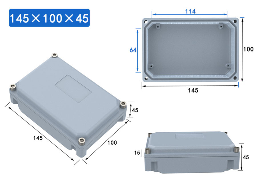 กล่องอลูมิเนียมกันน้ำ IP66 สีเทา ขนาด 145 X 100 X 45 มม.