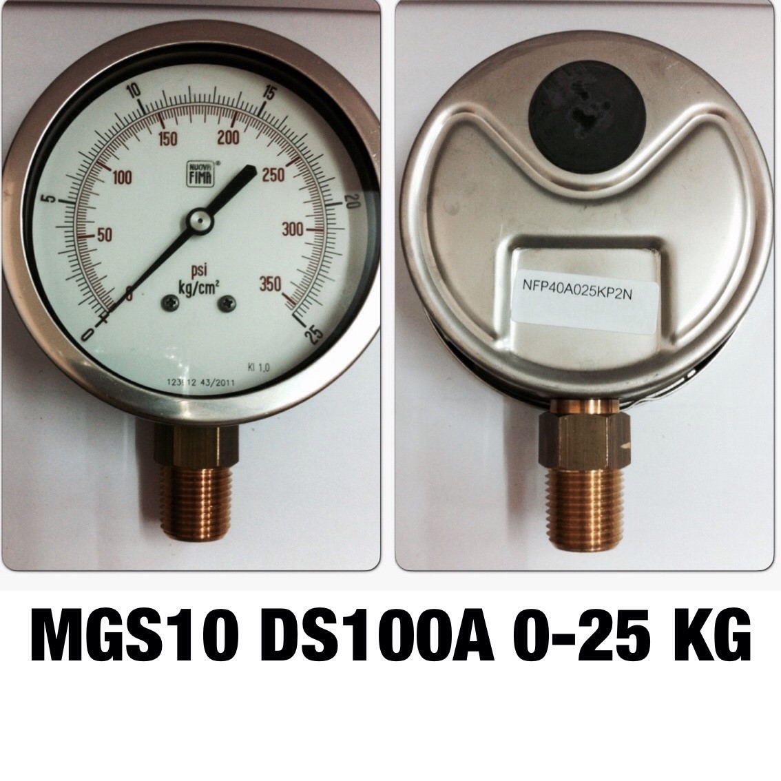 4 นิ้ว 0-25KG/CM2 (0-350PSI) ออกล่าง 1/2" ทองเหลือง NPT