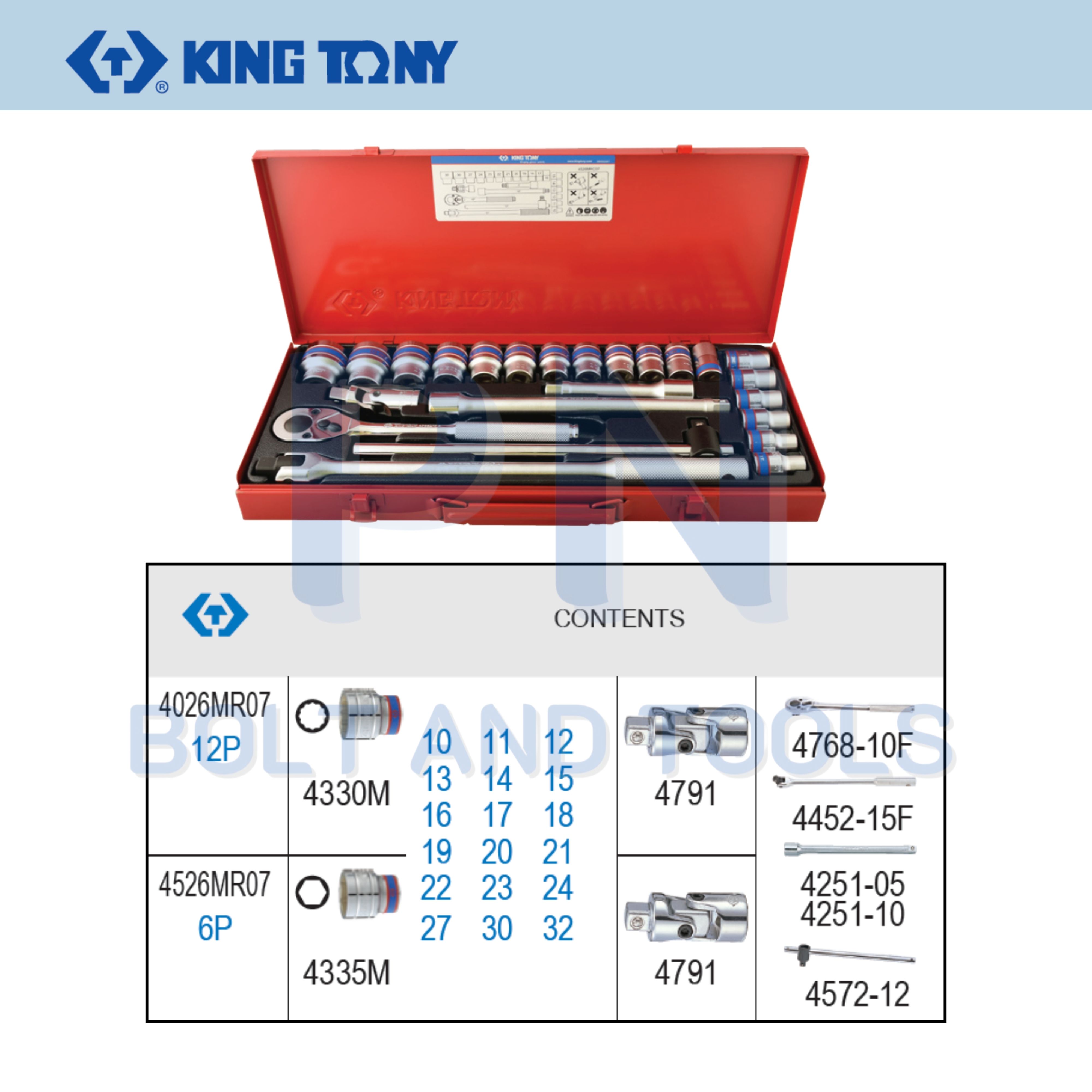 บล็อกชุด KINGTONY รู 1/2” 24ตัวชุด No.4526MR07 6P ,24 pcs 1/2” drive socket wrench set