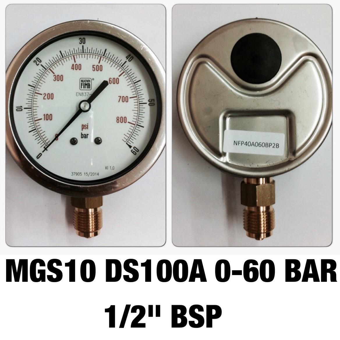 4 นิ้ว 0-60BAR (0-800PSI) ออกล่าง 1/2" ทองเหลือง BSP