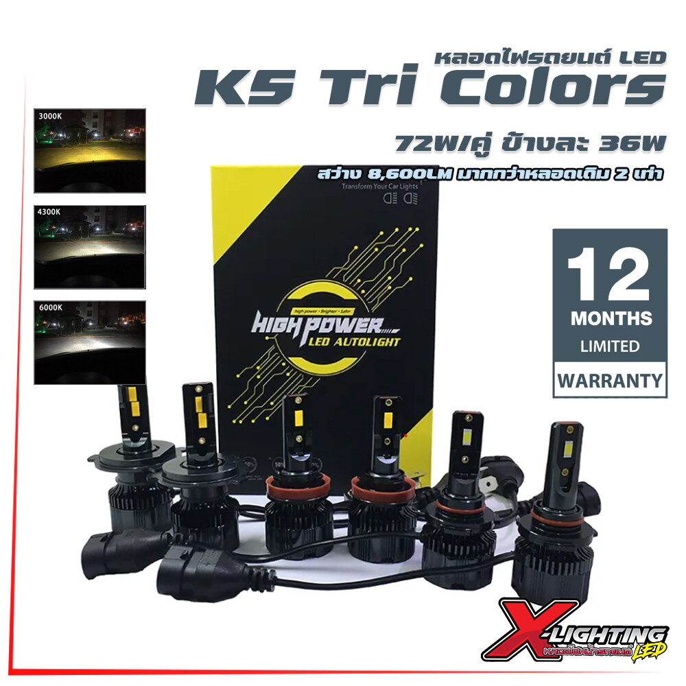 K5 หลอดไฟหน้า หลอดไฟตัดหมอกรถยนต์ LED 3 สี 8600LM 36W