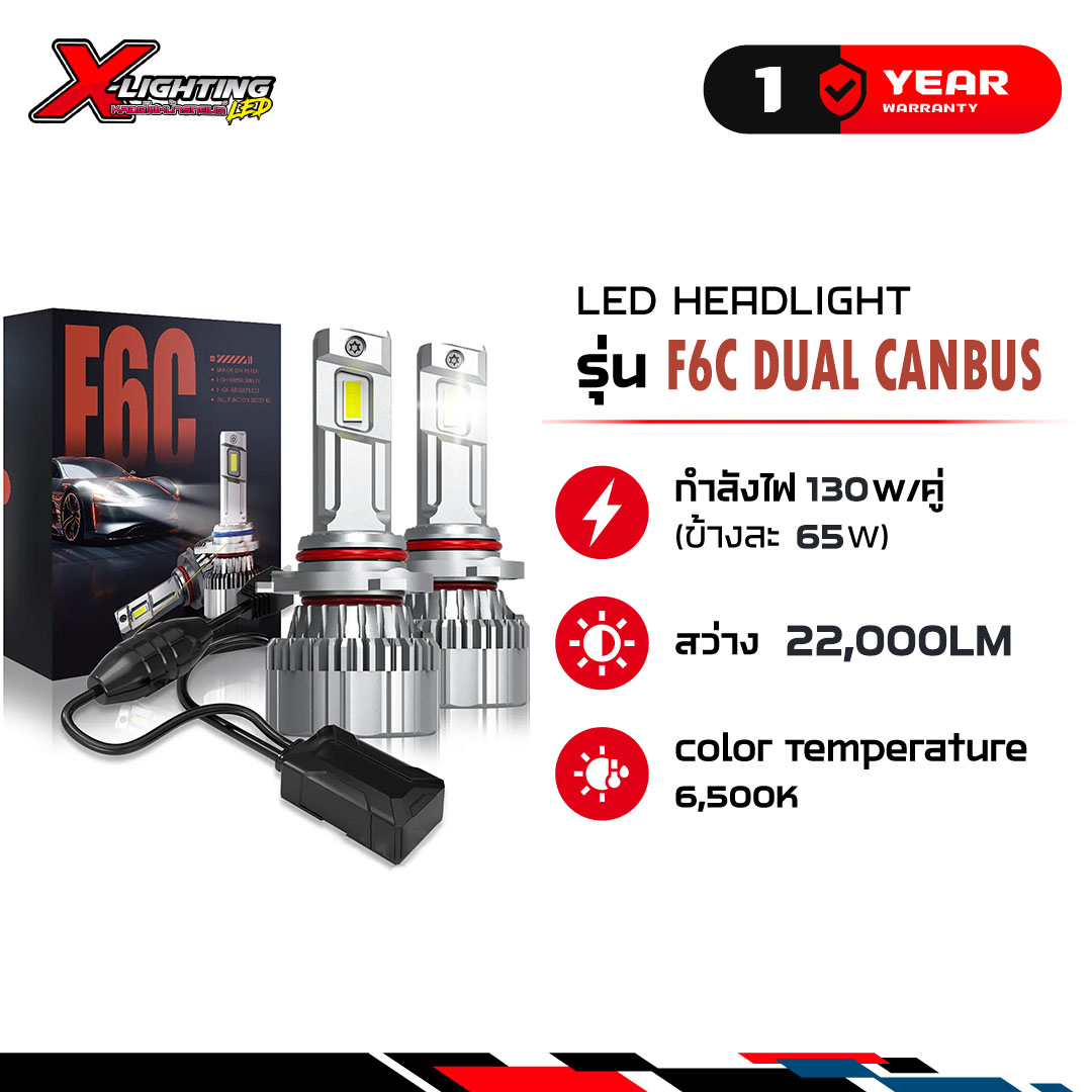 1 คู่ หลอดไฟหน้ารถยนต์ LED รับประกัน 12 เดือน ขั้ว H4 H11 แสงสีขาว รุ่น F6C 22,000LM 130W CANBUS LED
