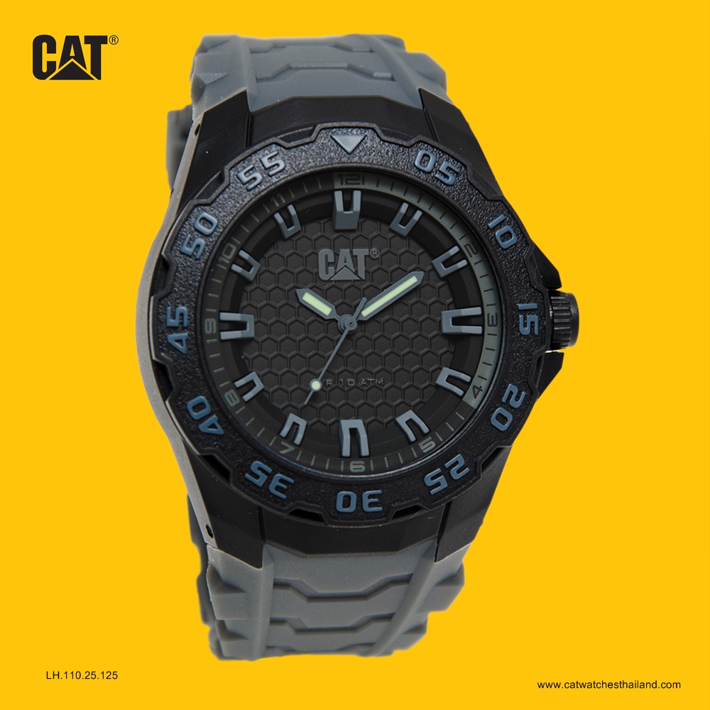 นาฬิกา CAT รุ่นรถถัง (Tank) รหัส LH.110.22.125 หน้าปัดดำ สายยางสีเทา กันน้ำ 100 m ตัวเรือนโพลีคาร์บอเนต (Polycarbonate) ทนทานสูง สายยาง กระจก อะคริลิก (Acrylic) ขนาดตัวเรือน 46 mm หนา 14 mm