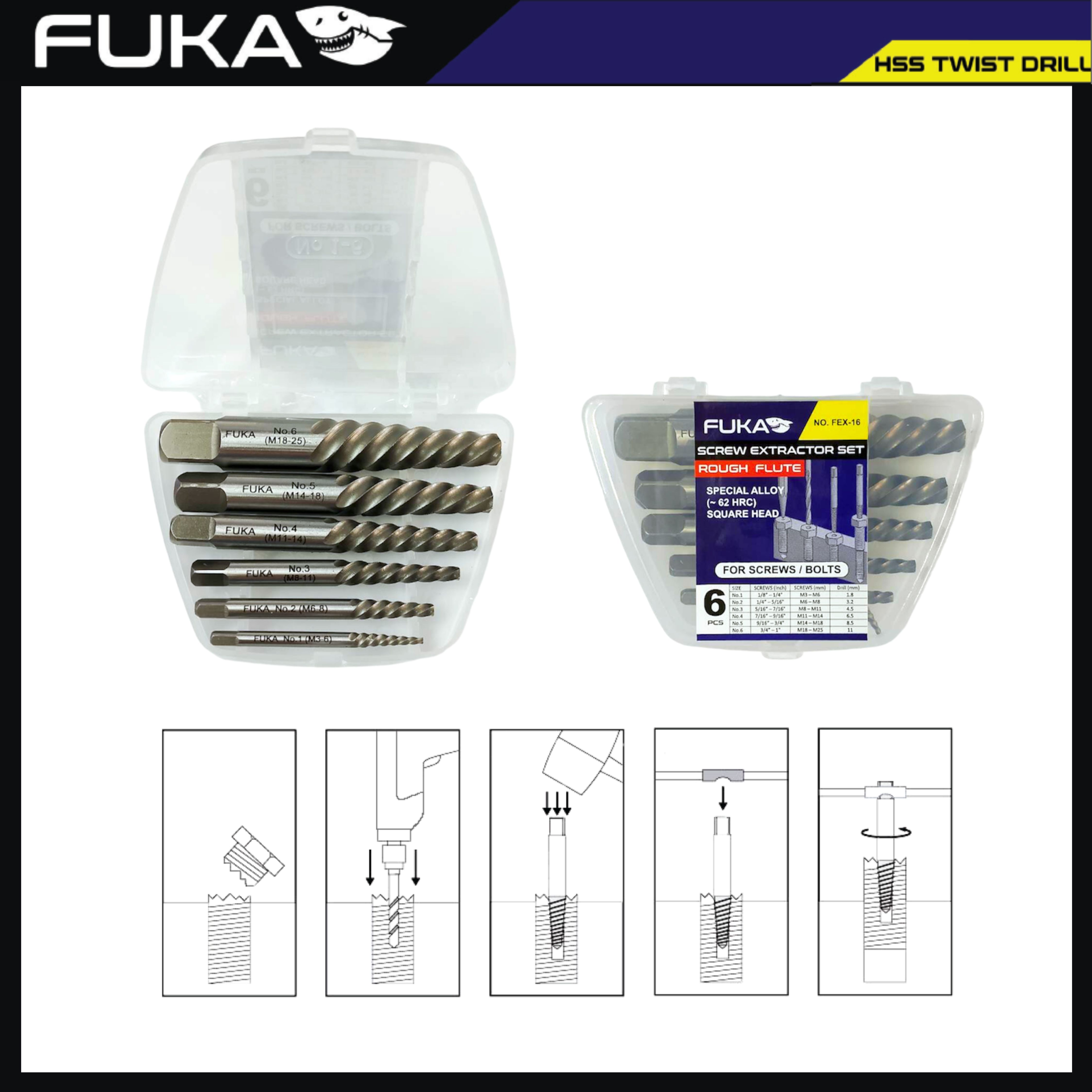 FUKA ชุดถอนเกลียวซ้าย แบบหยาบ ITem No.FEX-16 จำนวน 6 ตัวชุด