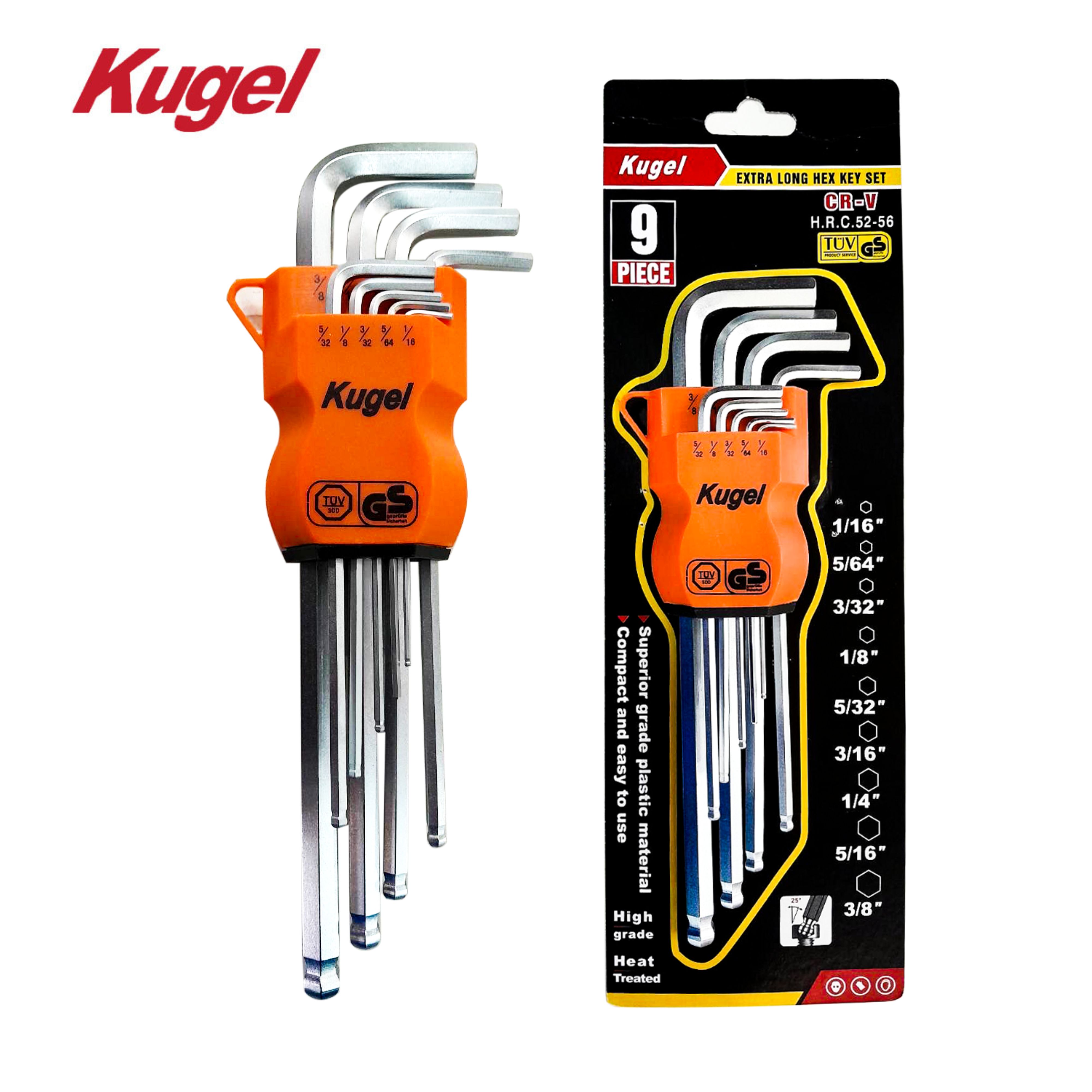 ชุดหกเหลี่ยมตัวยาว หุน ประแจหกเหลี่ยมหัวบอล 9 ตัวชุด ขนาด 1/16”-3/8” KUGEL