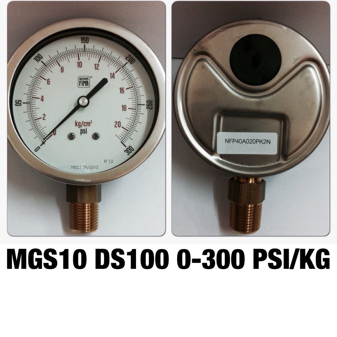 4 นิ้ว 0-20KG/CM2 (0-300PSI) ออกล่าง 1/2" ทองเหลือง NPT