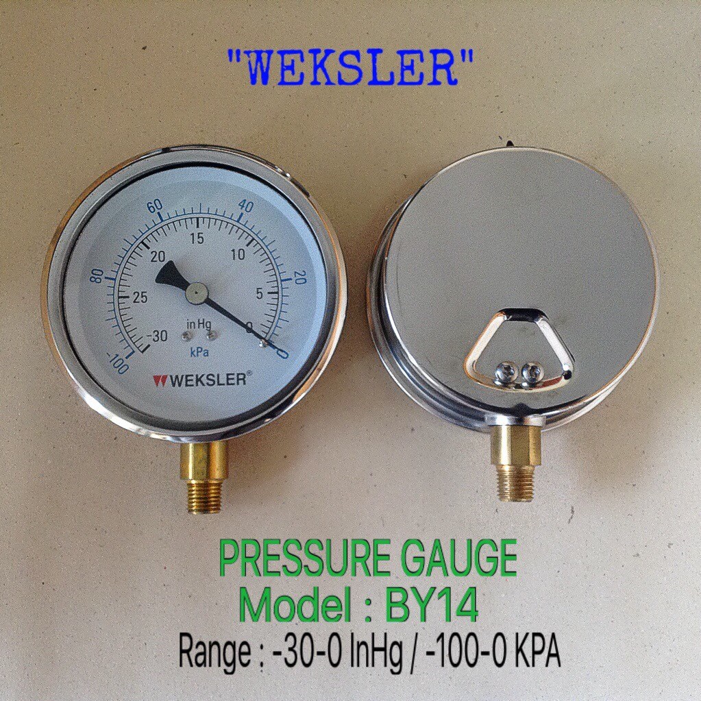 "WEKSLER" 4 นิ้ว BY14 -30-0In Hg/-100-0KPA ออกล่าง 1/4" ทองเหลือง NPT