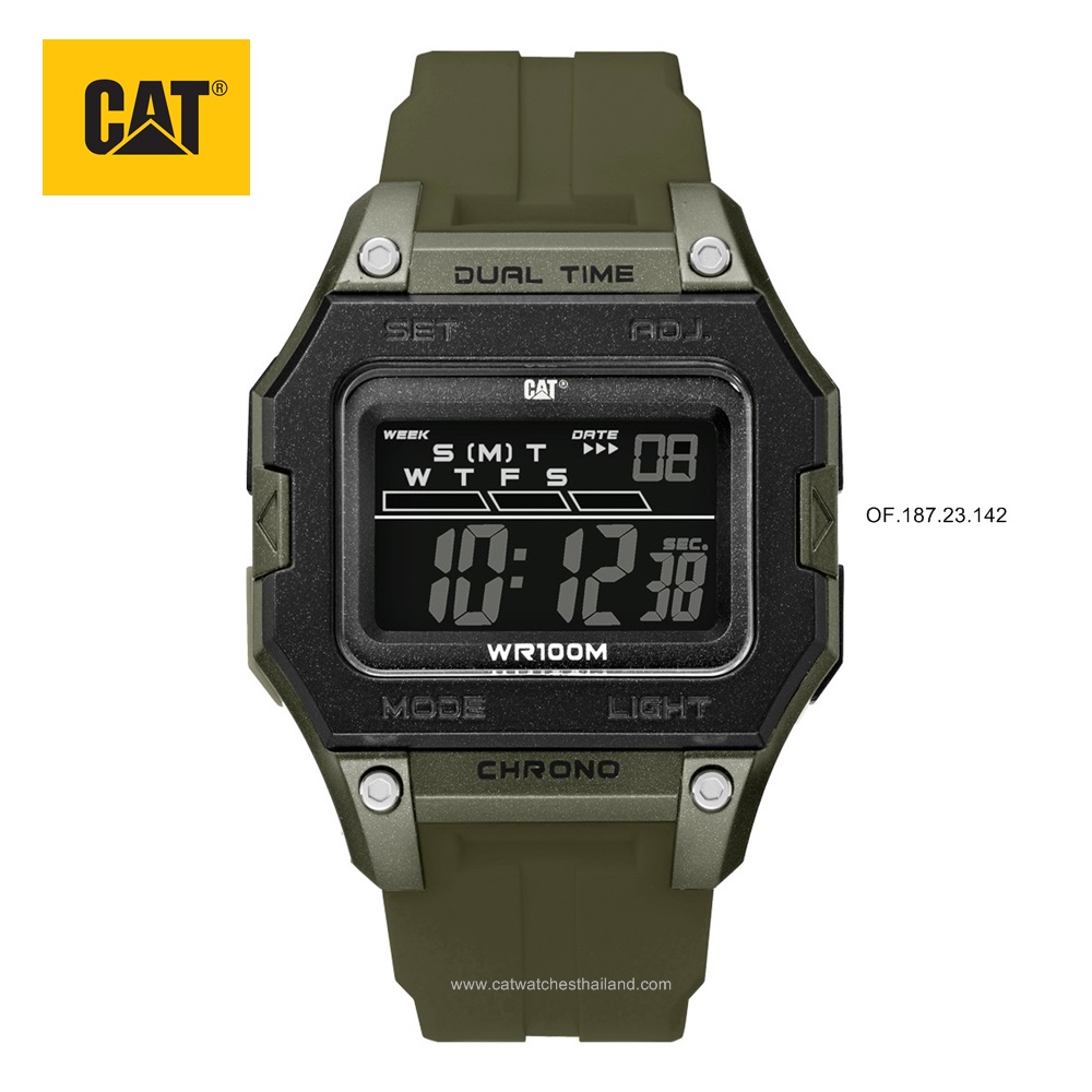 นาฬิกา CAT ระบบดิจิตอล รุ่นหน้าปัดเหลี่ยม (Digi Square) รหัส OF.187.23.142 DIGI SQUARE กรอบเขียว หน้าปัดดำ สายยางสีเขียวทหาร