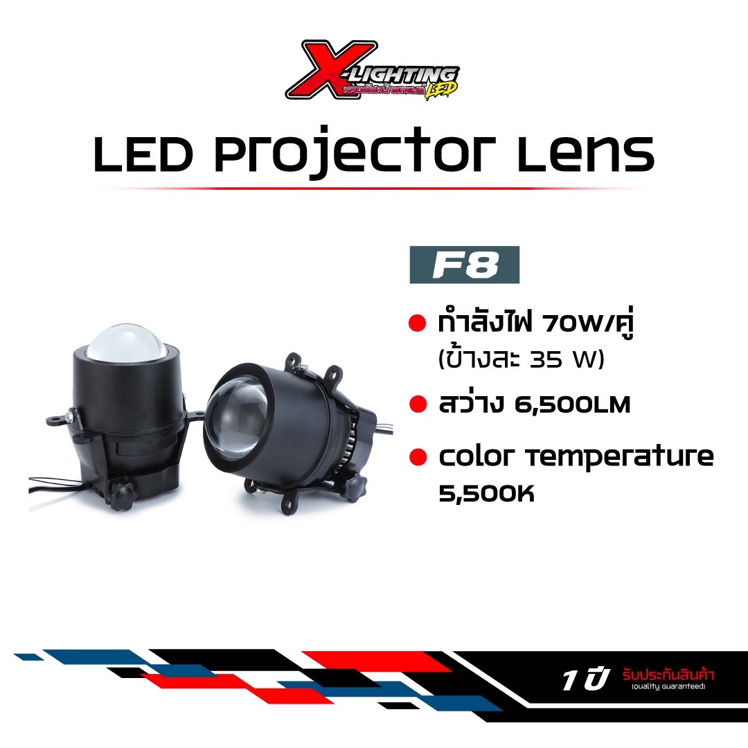ชุด Projector ไฟตัดหมอกรถยนต์ BI LED รุ่น F8 ขนาด 3 นิ้ว แบบ Blue lens สว่างมากกว่า 400% 6000K 70W
