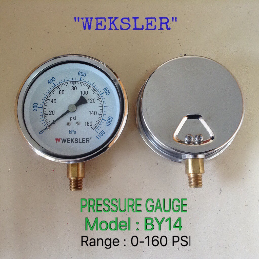 "WEKSLER" 4 นิ้ว BY14 0-160PSI/0-1100KPA ออกล่าง 1/4" ทองเหลือง NPT