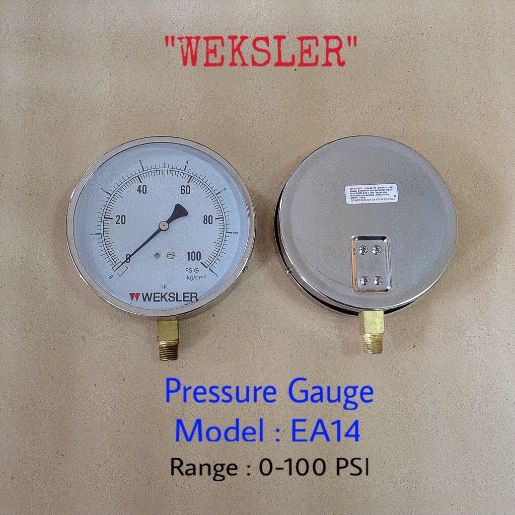"WEKSLER" 4.5 นิ้ว EA14 0-100PSIG/0-7KG/CM2 ออกล่าง 1/4" ทองเหลือง NPT