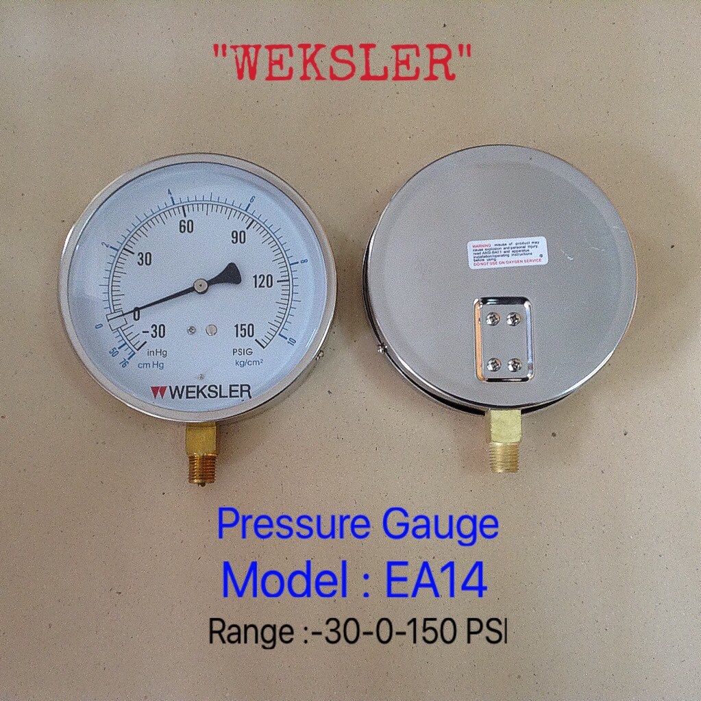"WEKSLER" 4.5 นิ้ว EA14 -30-0-150PSIG/-76-0-10KG/CM2 ออกล่าง 1/4" ทองเหลือง NPT