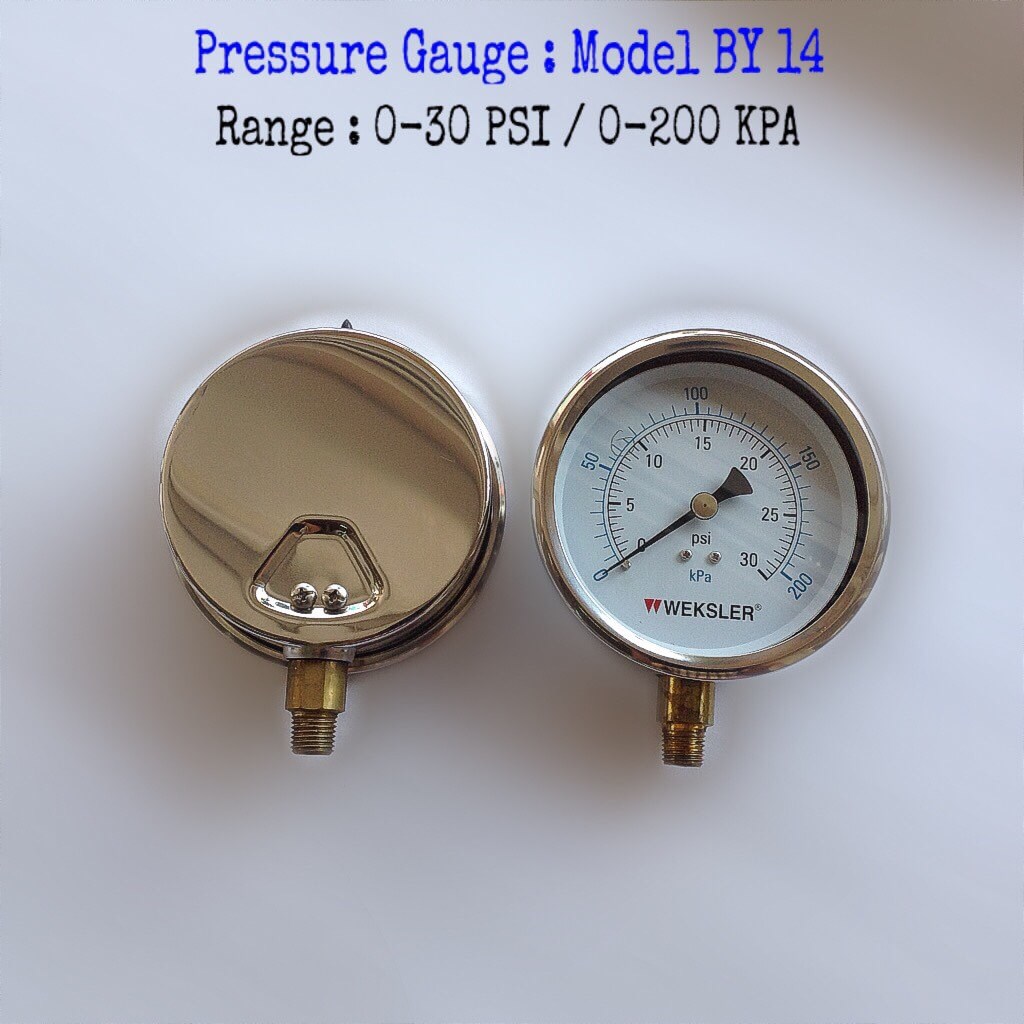 "WEKSLER" 4 นิ้ว BY14 0-30PSI/ 0-200KPA ออกล่าง 1/4" ทองเหลือง NPT