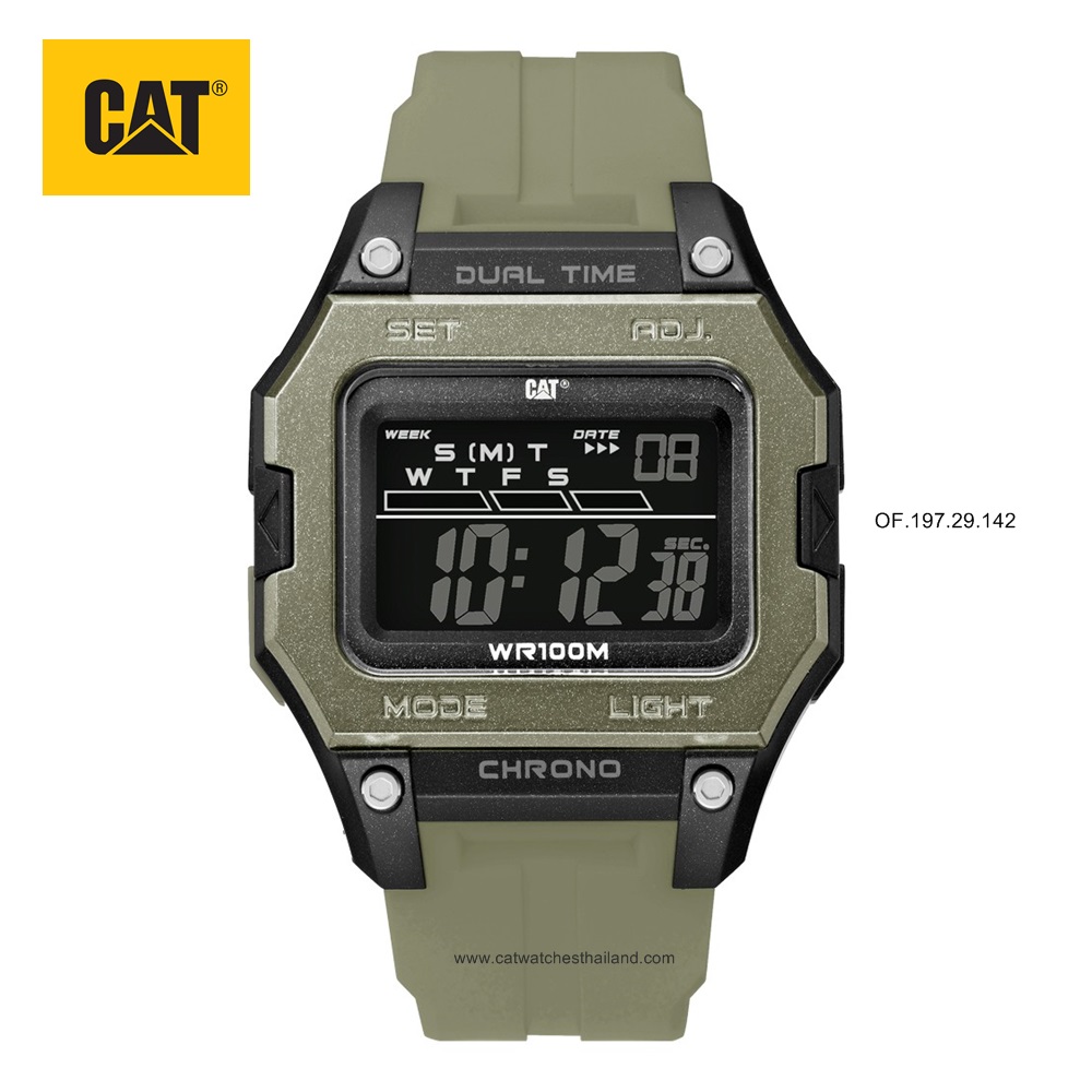 นาฬิกา CAT ระบบดิจิตอล รุ่นหน้าปัดเหลี่ยม (Digi Square) รหัส OF.197.29.142 DIGI SQUARE กรอบเขียวอ่อน สายยางสีเขียวทหาร
