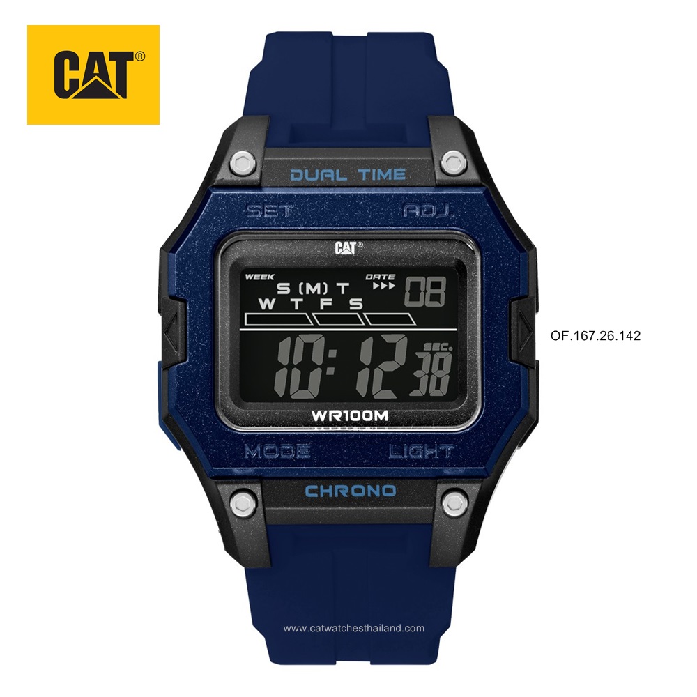 นาฬิกา CAT ระบบดิจิตอล รุ่นหน้าปัดเหลี่ยม (Digi Square) รหัส OF.167.26.142 DIGI SQUARE กรอบสีดำ-น้ำเงิน สายยางสีน้ำเงิน
