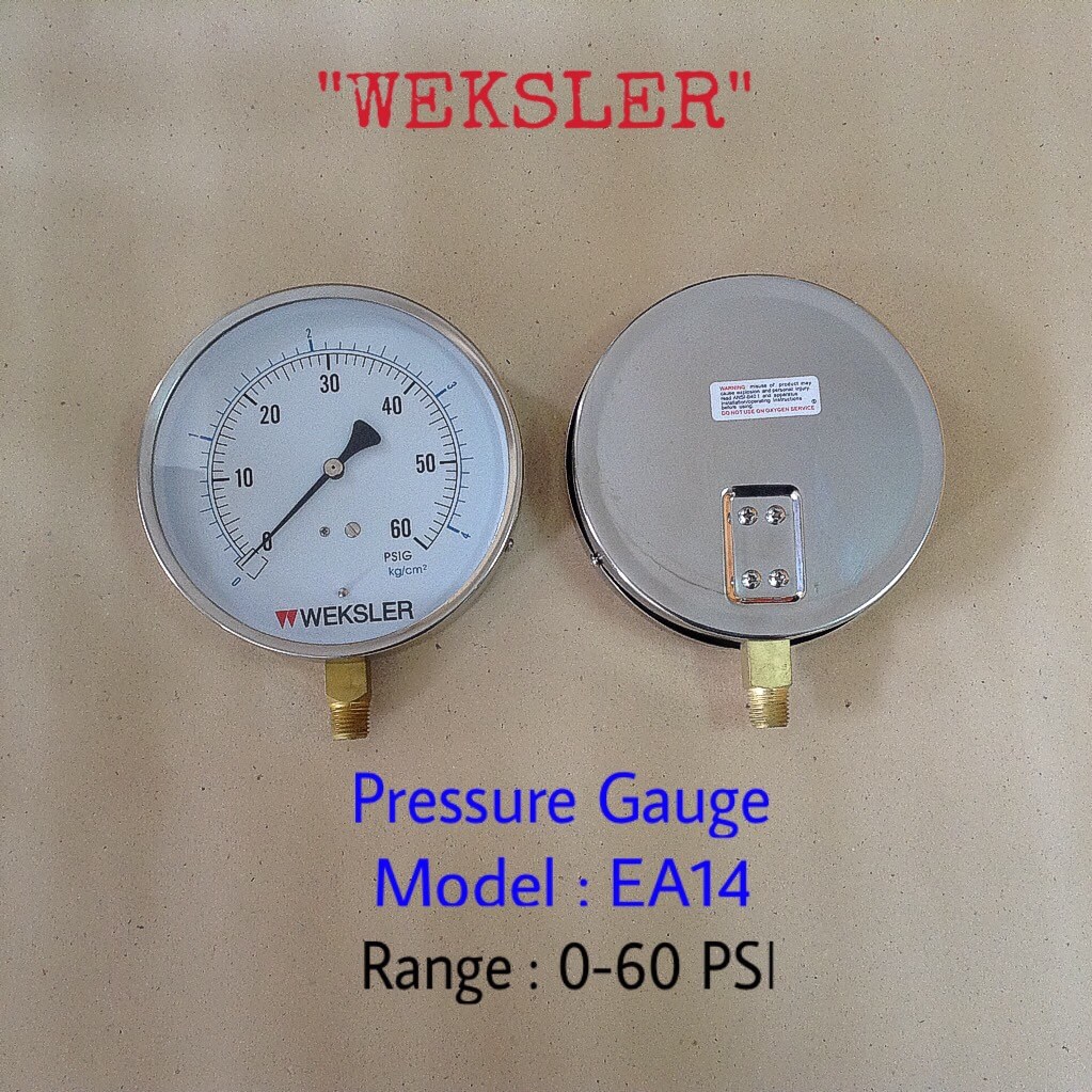 "WEKSLER" 4.5 นิ้ว EA14 0-60PSIG/0-4KG/CM2 ออกล่าง 1/4" ทองเหลือง NPT