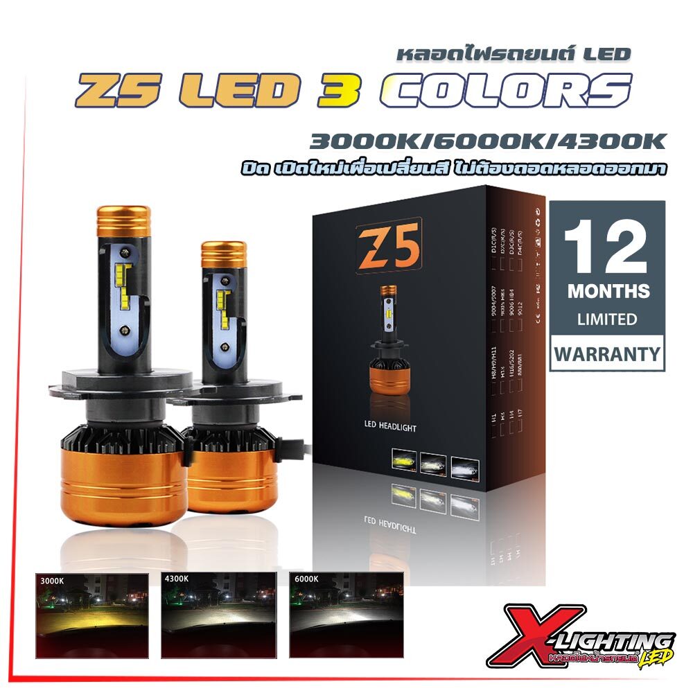 หลอดไฟ 3 สี เปลี่ยนสีได้ในตัว รุ่น Z5 ไฟหน้า ไฟตัดหมอก H4 H11 HB4 HB3