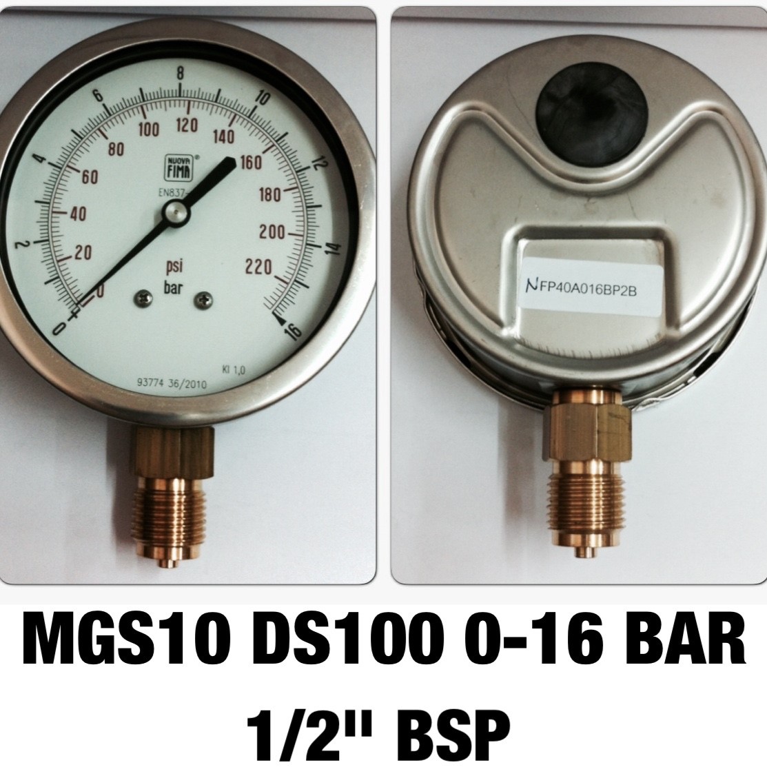 4 นิ้ว 0-16BAR (0-220PSI) ออกล่าง 1/2" ทองเหลือง BSP