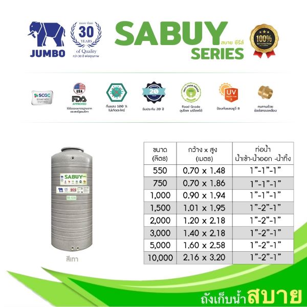 ถังเก็บน้ำบนดิน สบาย สีแกรนิต (SABUY SERIE) ขนาด 550 ลิตร แถมลูกลอย
