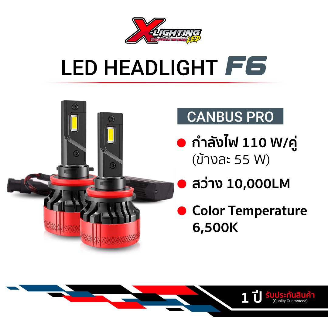 หลอดไฟรถยนต์รุ่น F6 CANBUS LED headlight (รับประกัน 12 เดือน) H4 H7 H11 6000K 22000LM 55W CANBUS แท้ กล่องไม่ตัด bt50 ฟอร์ดt6